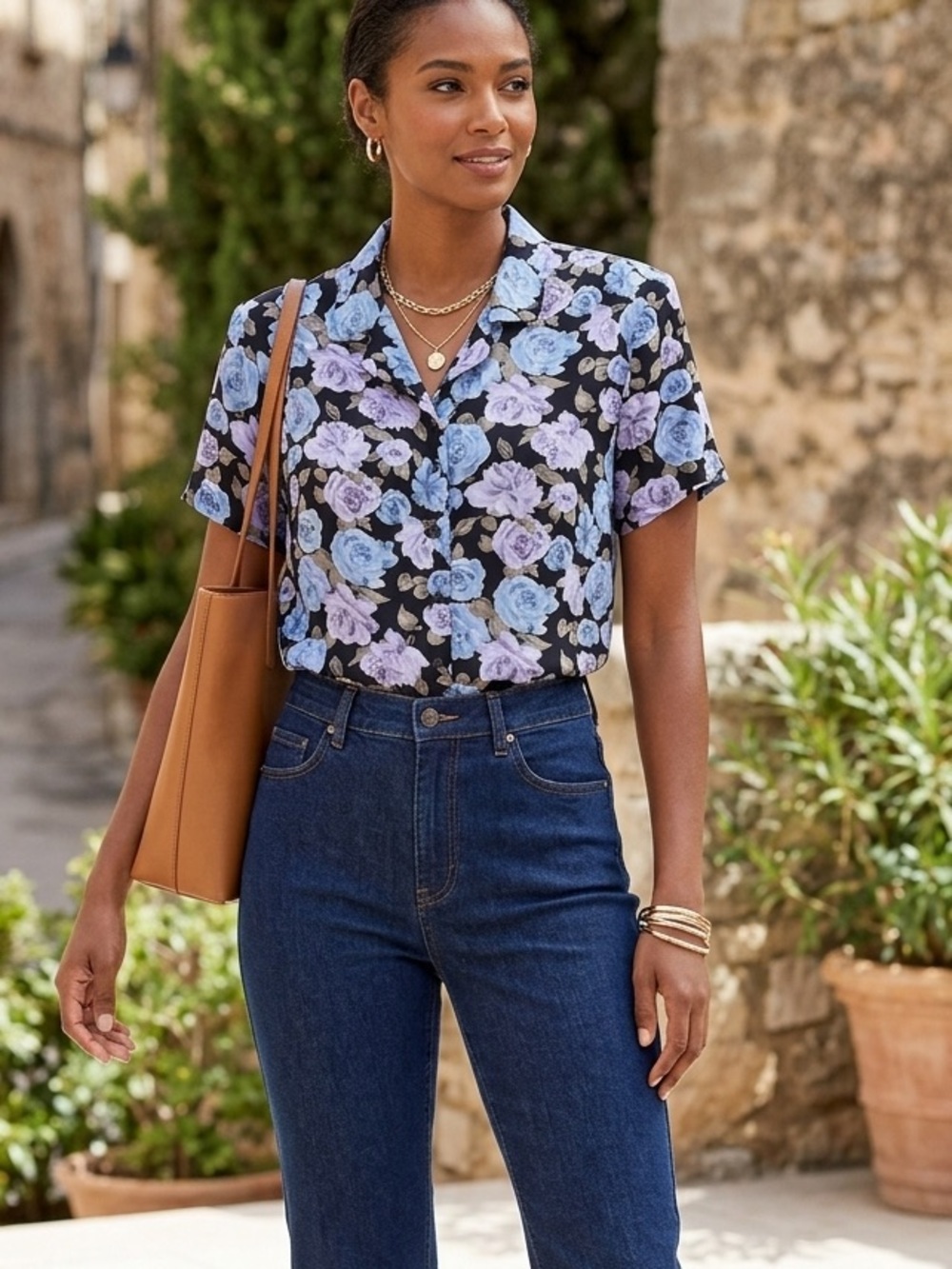 Anna Short Sleeve Button Up Blouse Black Blue Purple Shoulder Pads Size XL